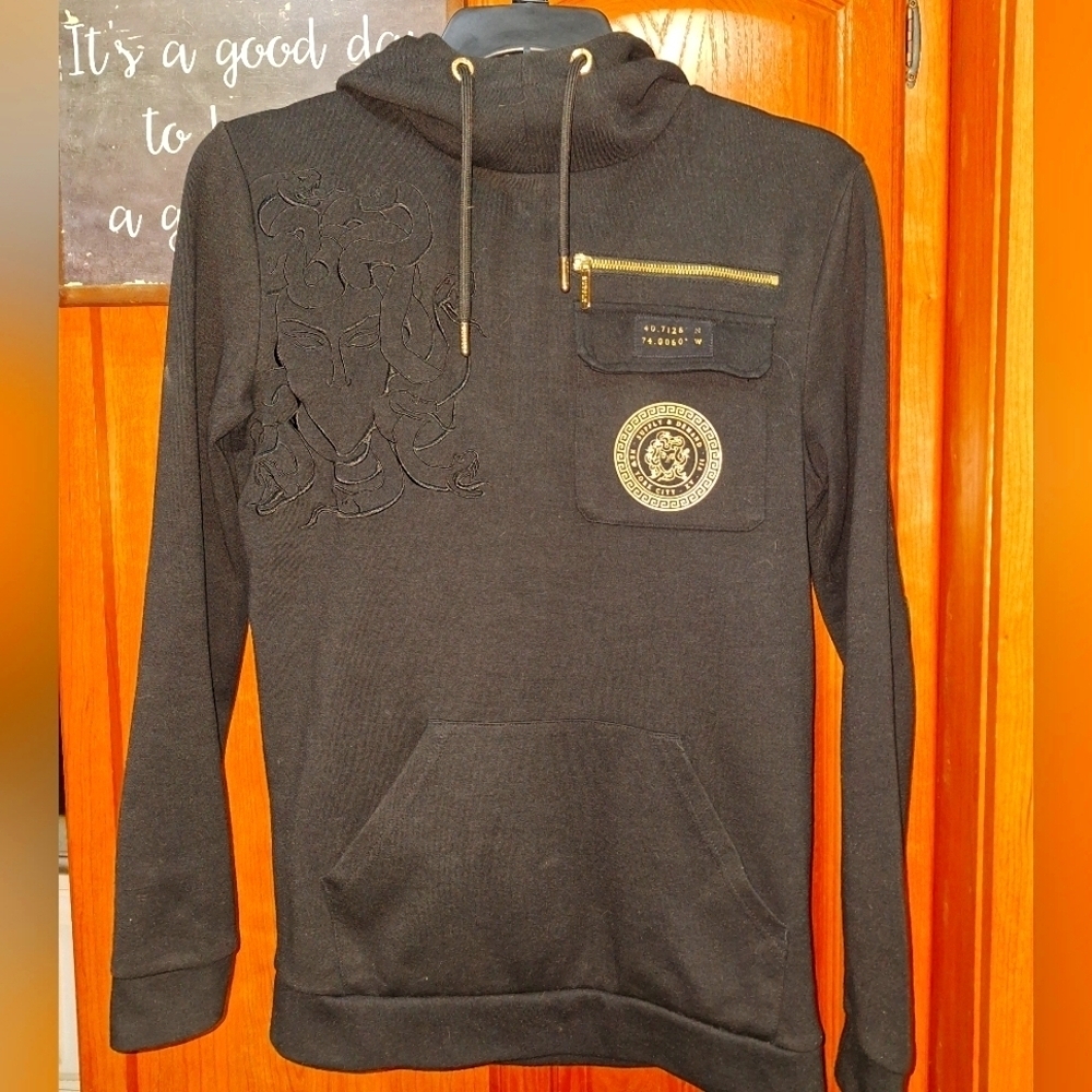 Supply and Demand Black Hoodie with Gold Medusa Accents In A Mens Small. EUC